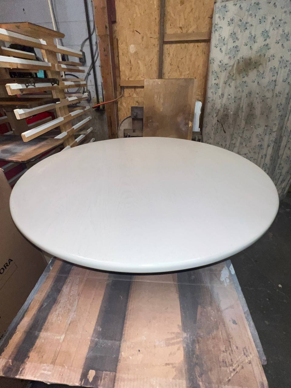 Round table refinished in white stain
