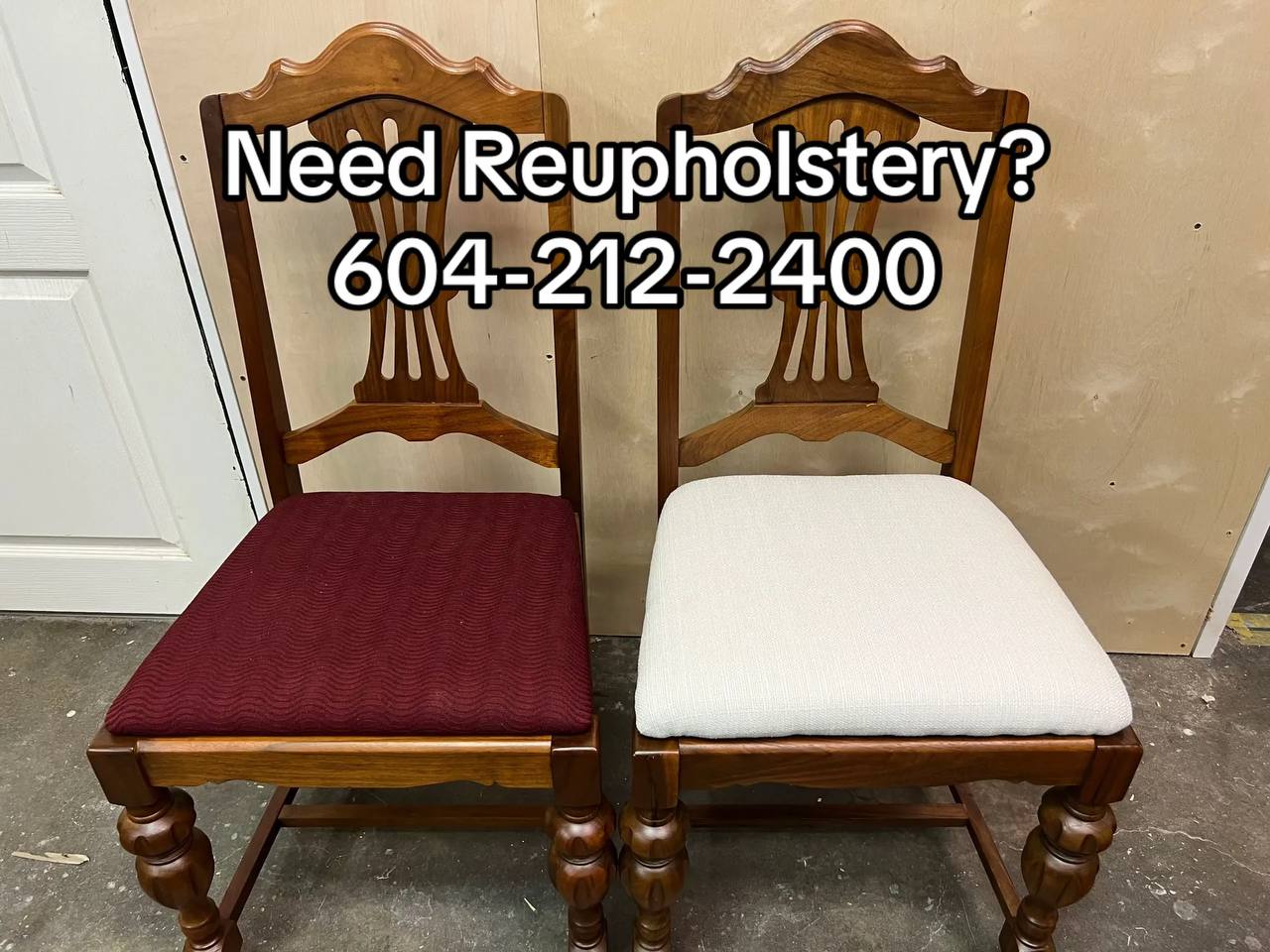 2 wooden dining chairs with a medium to dark-toned hardwood frame, featuring turned legs and a vertical slat backrest with a curved top rail, upholstered in white and maroon fabrics