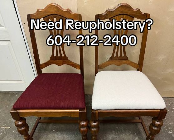 2 wooden dining chairs with a medium to dark-toned hardwood frame, featuring turned legs and a vertical slat backrest with a curved top rail, upholstered in white and maroon fabrics