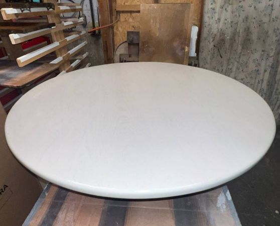 Round table refinished in white stain