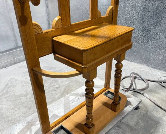 Refinished wooden coat rack with multiple hooks