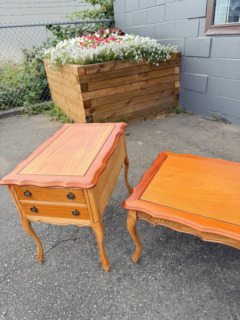 Refinished brown French Provincial coffee table with two end tables