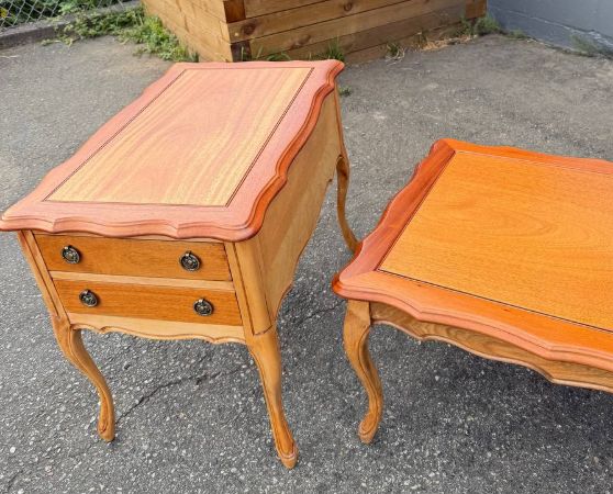 Refinished brown French Provincial coffee table with two end tables