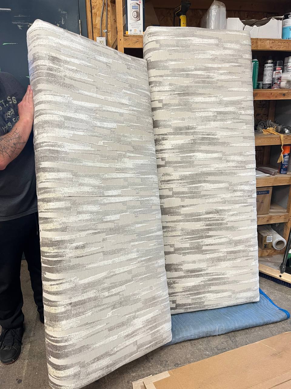 Reupholstered RV Bed Foam in gray pattern fabric