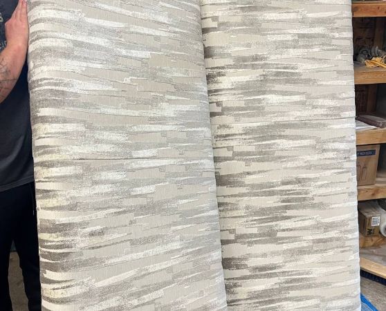 Reupholstered RV Bed Foam in gray pattern fabric