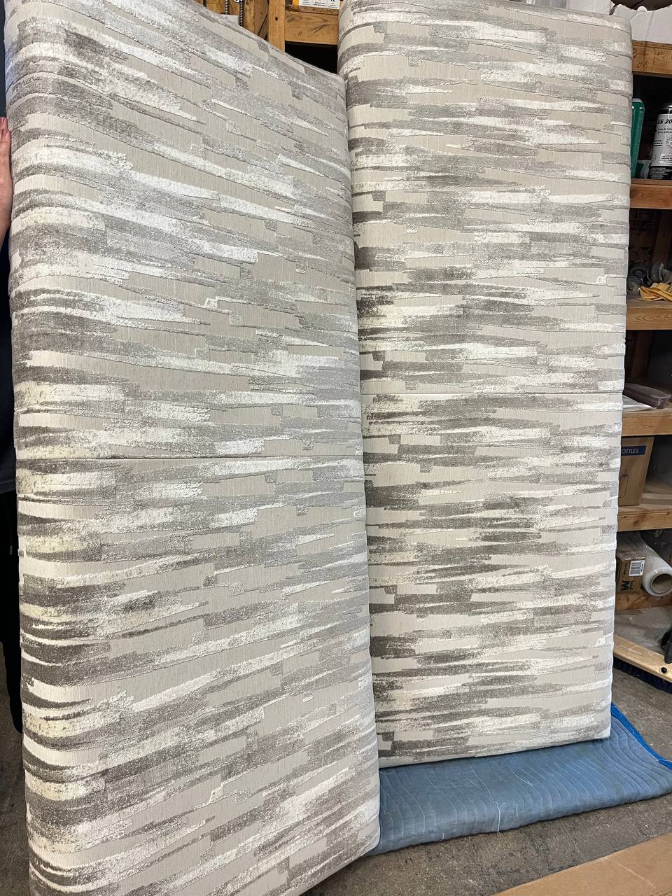 Reupholstered RV Bed Foam in gray pattern fabric