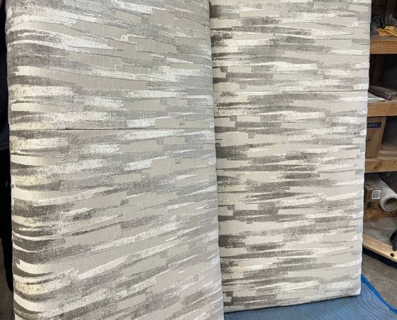 Reupholstered RV Bed Foam in gray pattern fabric