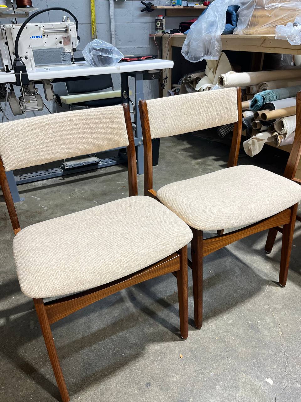 Reupholstered & Refinished Mid-century Teak Dining Chair in beige fabric
