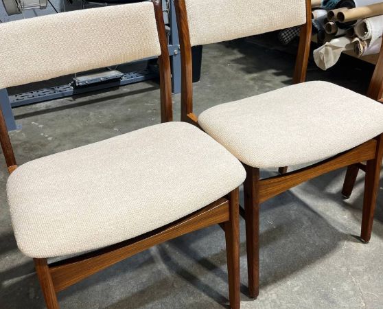 Reupholstered & Refinished Mid-century Teak Dining Chair in beige fabric
