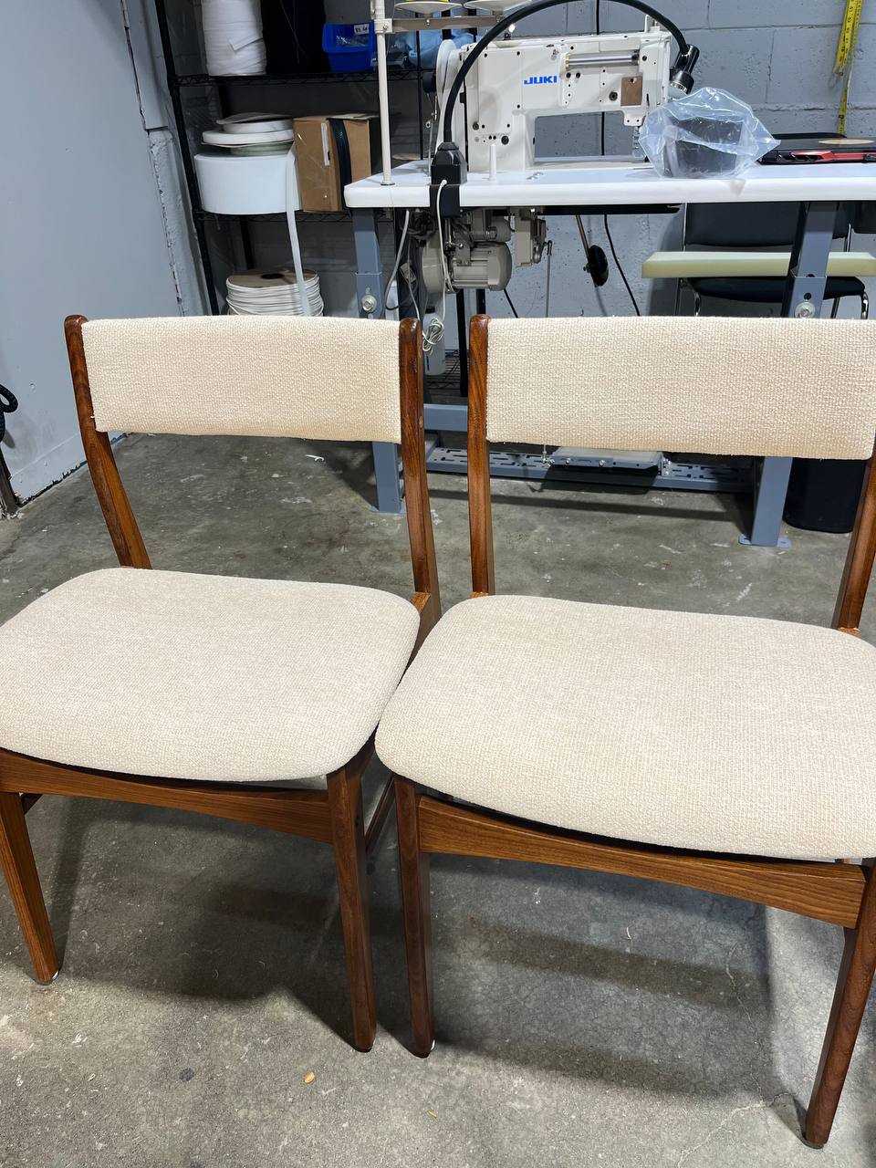 Reupholstered & Refinished Mid-century Teak Dining Chair in beige fabric