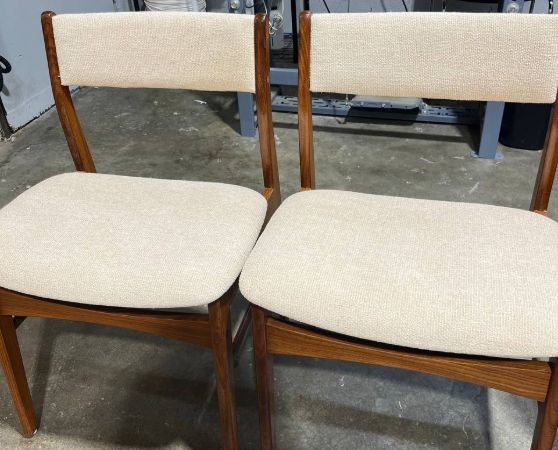 Reupholstered & Refinished Mid-century Teak Dining Chair in beige fabric