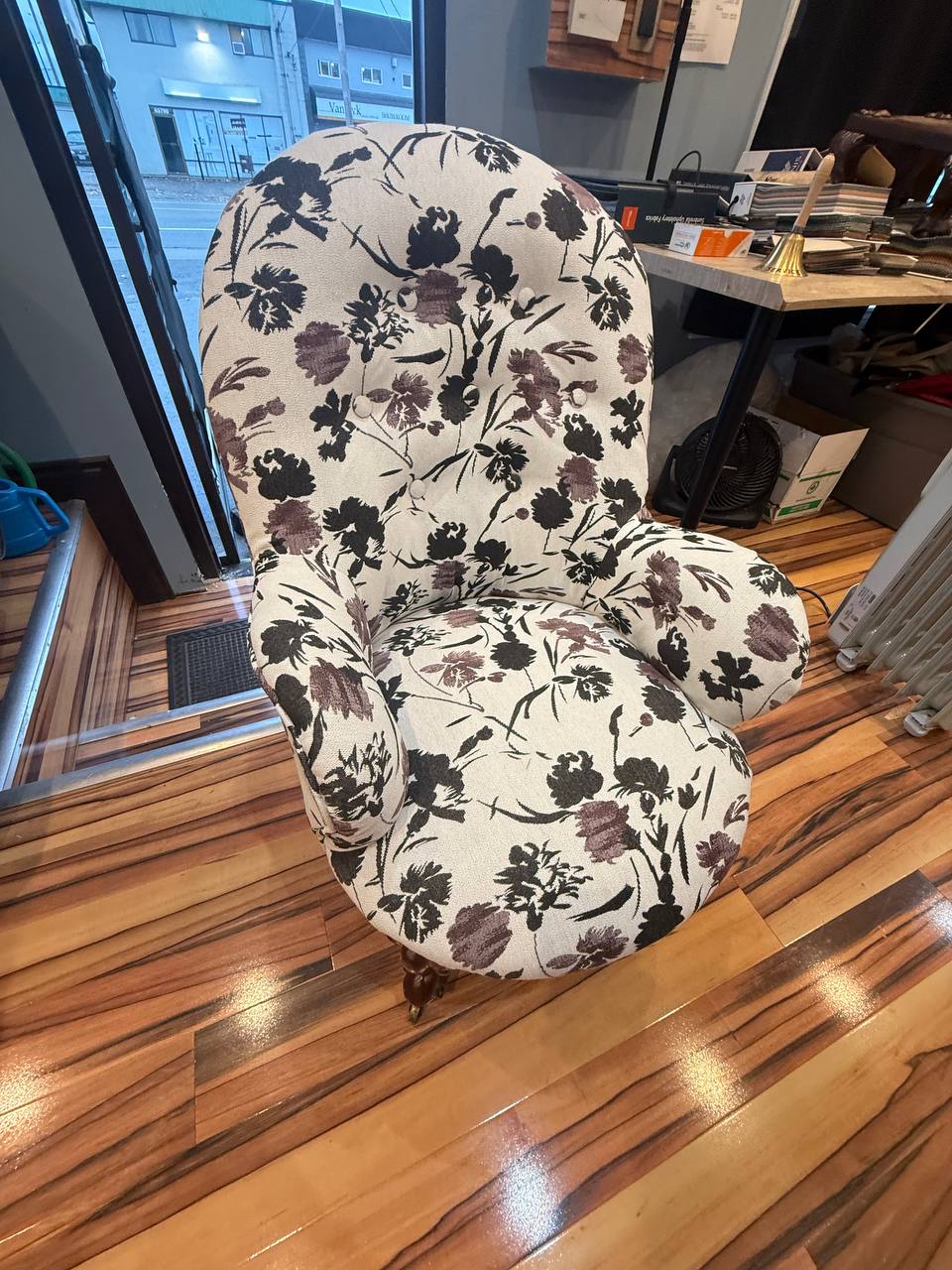 Reupholstered Antique Tufted Parlour Chair in black and red floral fabric