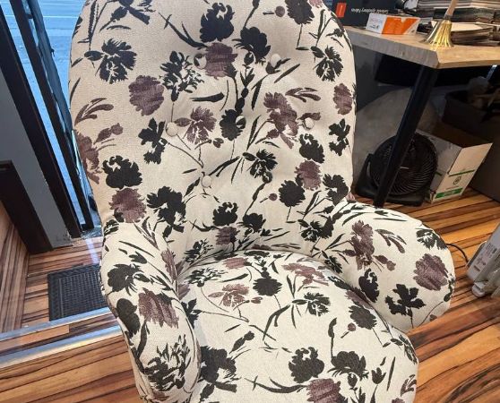 Reupholstered Antique Tufted Parlour Chair in black and red floral fabric