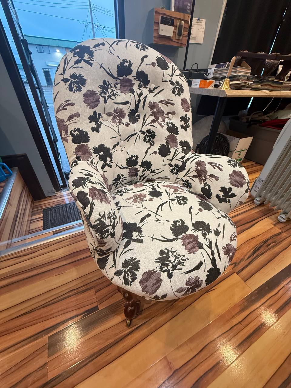 Reupholstered Antique Tufted Parlour Chair in black and red floral white fabric