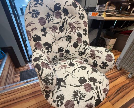 Reupholstered Antique Tufted Parlour Chair in black and red floral white fabric