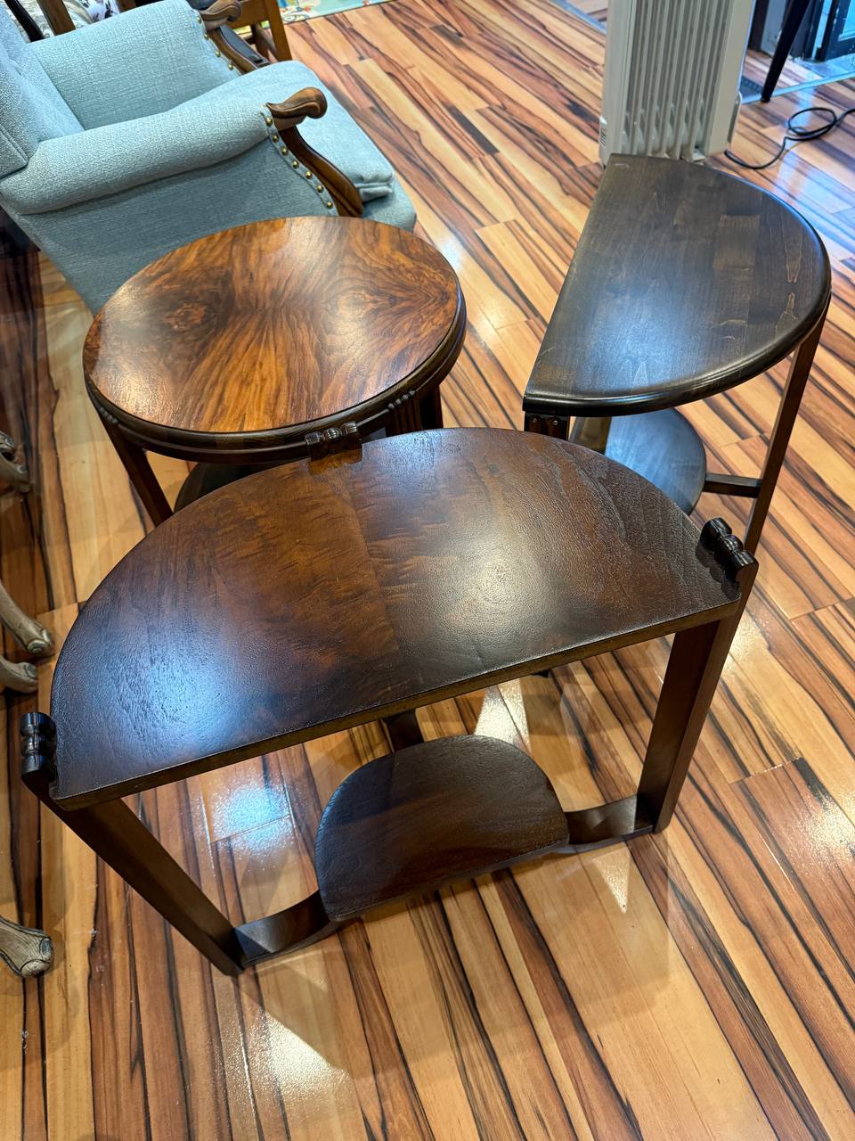refinished three side table in dark brown stain