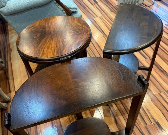 refinished three side table in dark brown stain