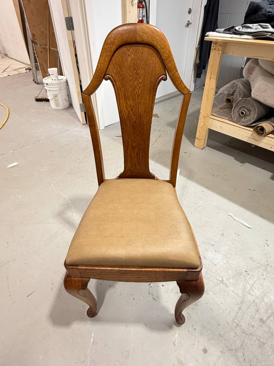Reupholstered Solid Oak Dining Chair in Tan color vinyl
