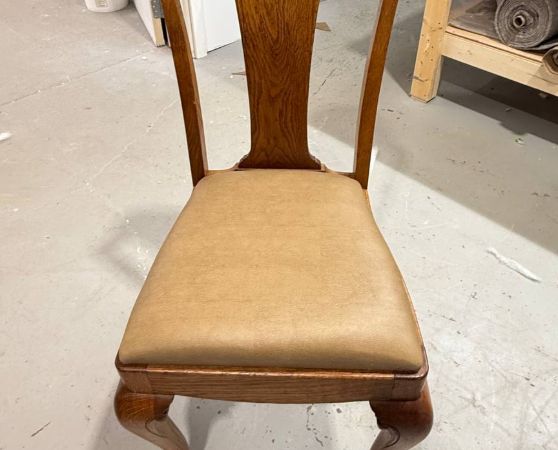 Reupholstered Solid Oak Dining Chair in Tan color vinyl
