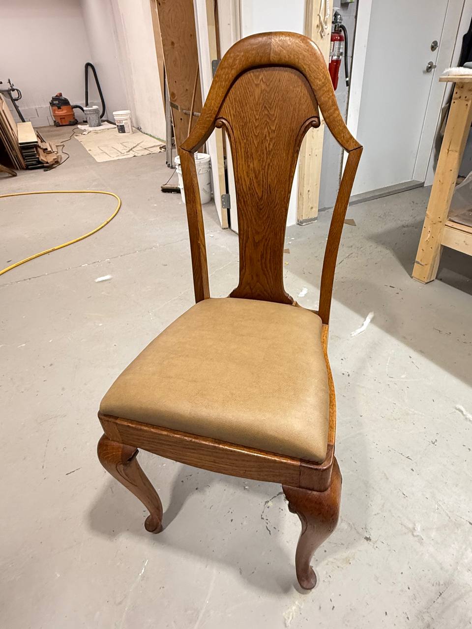 Reupholstered Solid Oak Dining Chair in Tan color vinyl
