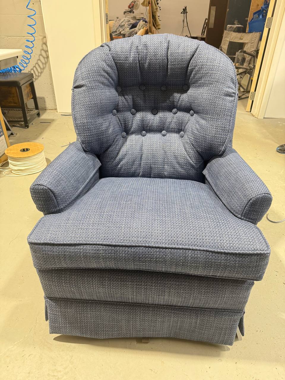 Reupholstered Swivel Rocking Chair in blueberry fabric