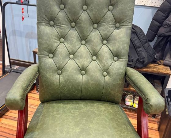 Green Faux Leather Office Chair with a Deep Button-Tufted Backrest and Wooden Arms and Base