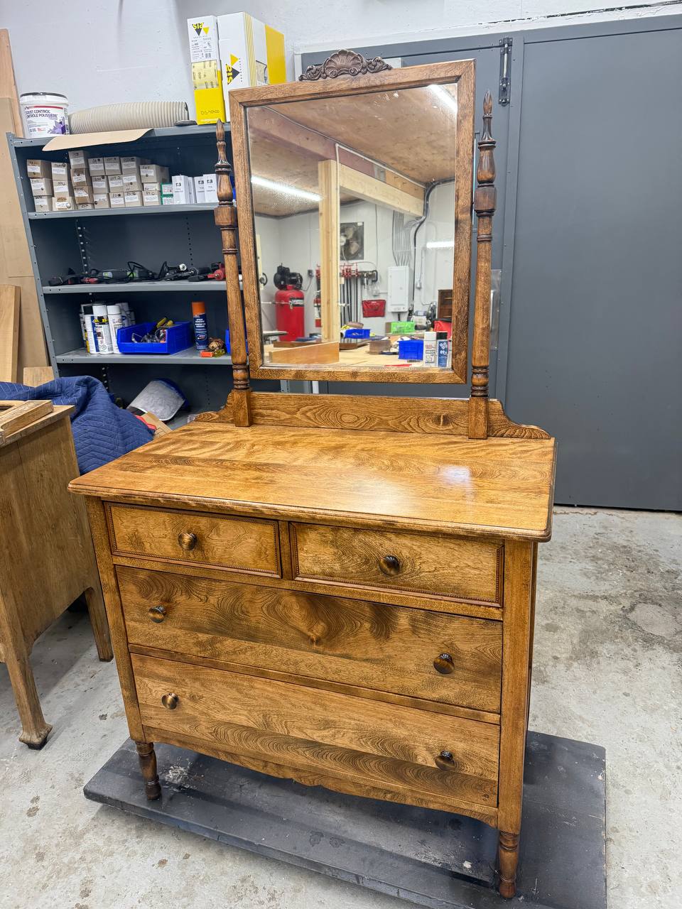 Front of Refinished Vintage 4 Drawer Dresser with Mirror in light brown stain