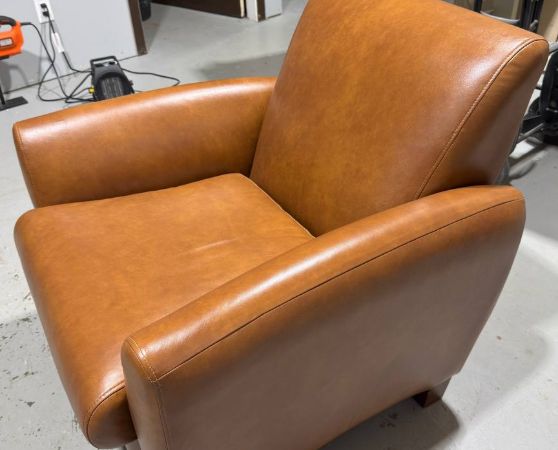 Side of Reupholstered Leather Club Chair in Brown Leather