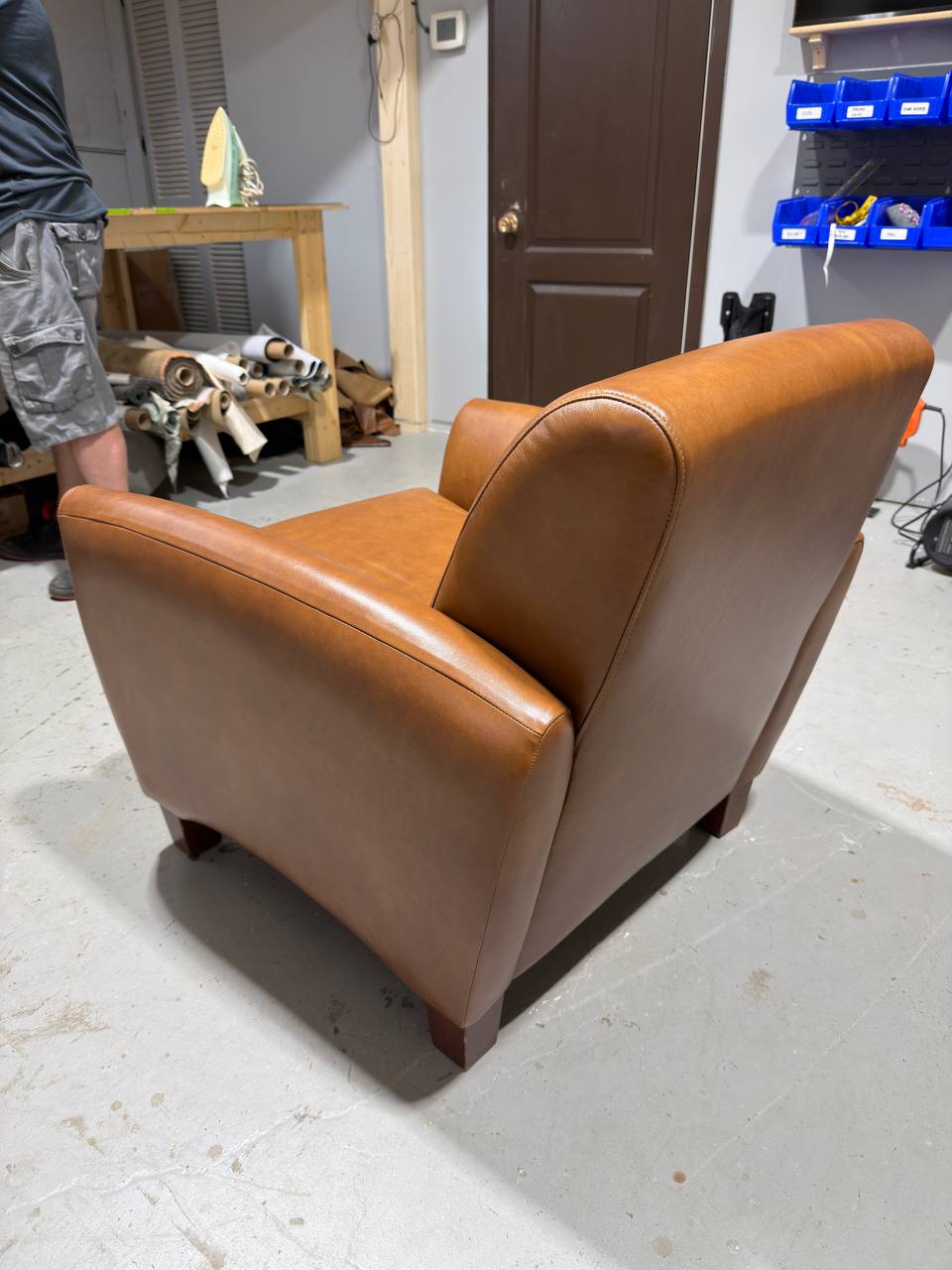 Back of Reupholstered Leather Club Chair in Brown Leather