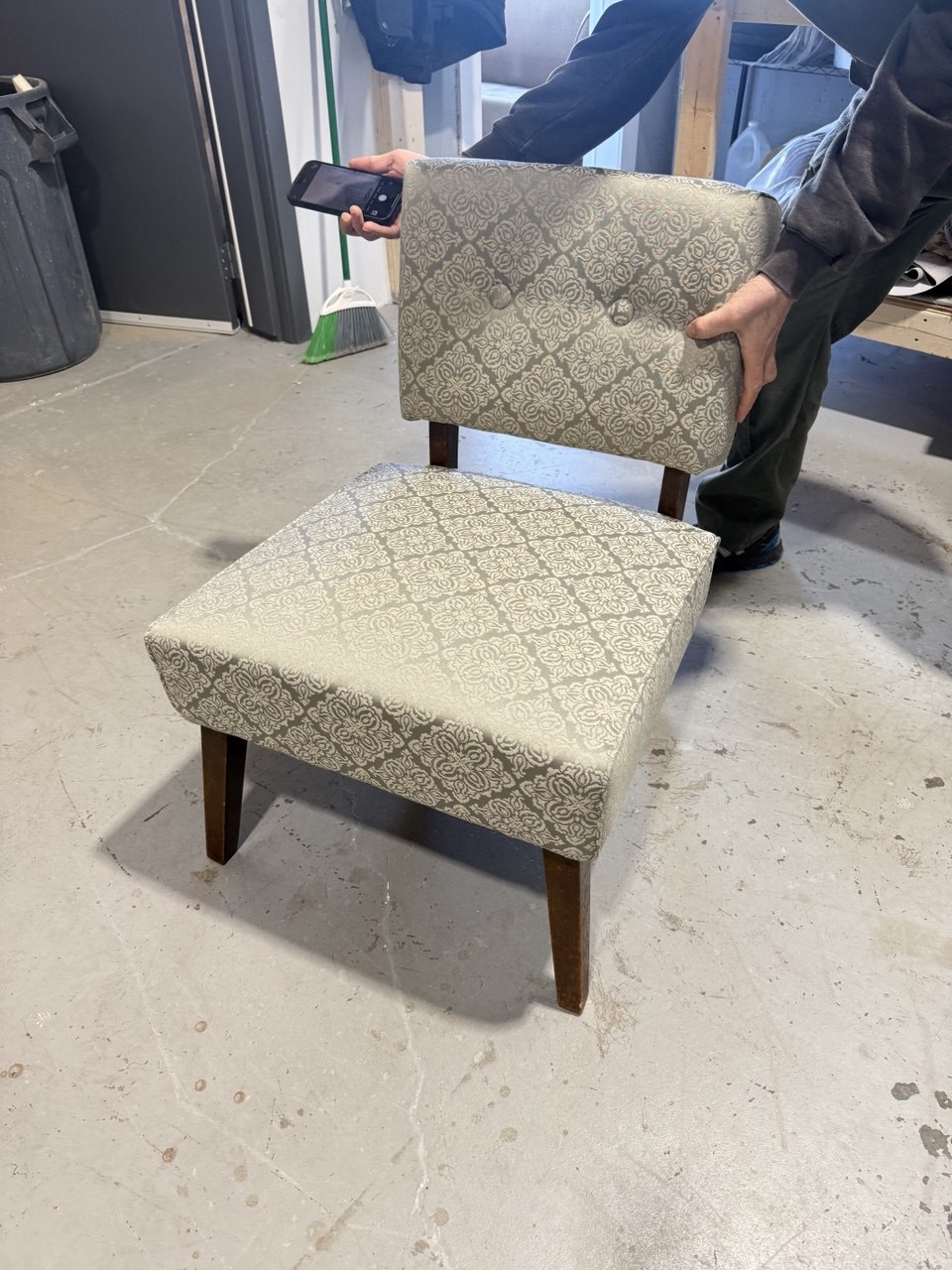 Front of Reupholstered Mid-Century Slipper Chair in Sage Color Fabric