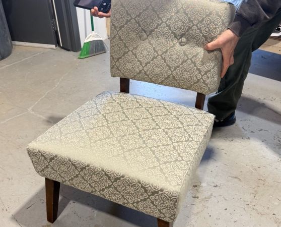 Front of Reupholstered Mid-Century Slipper Chair in Sage Color Fabric