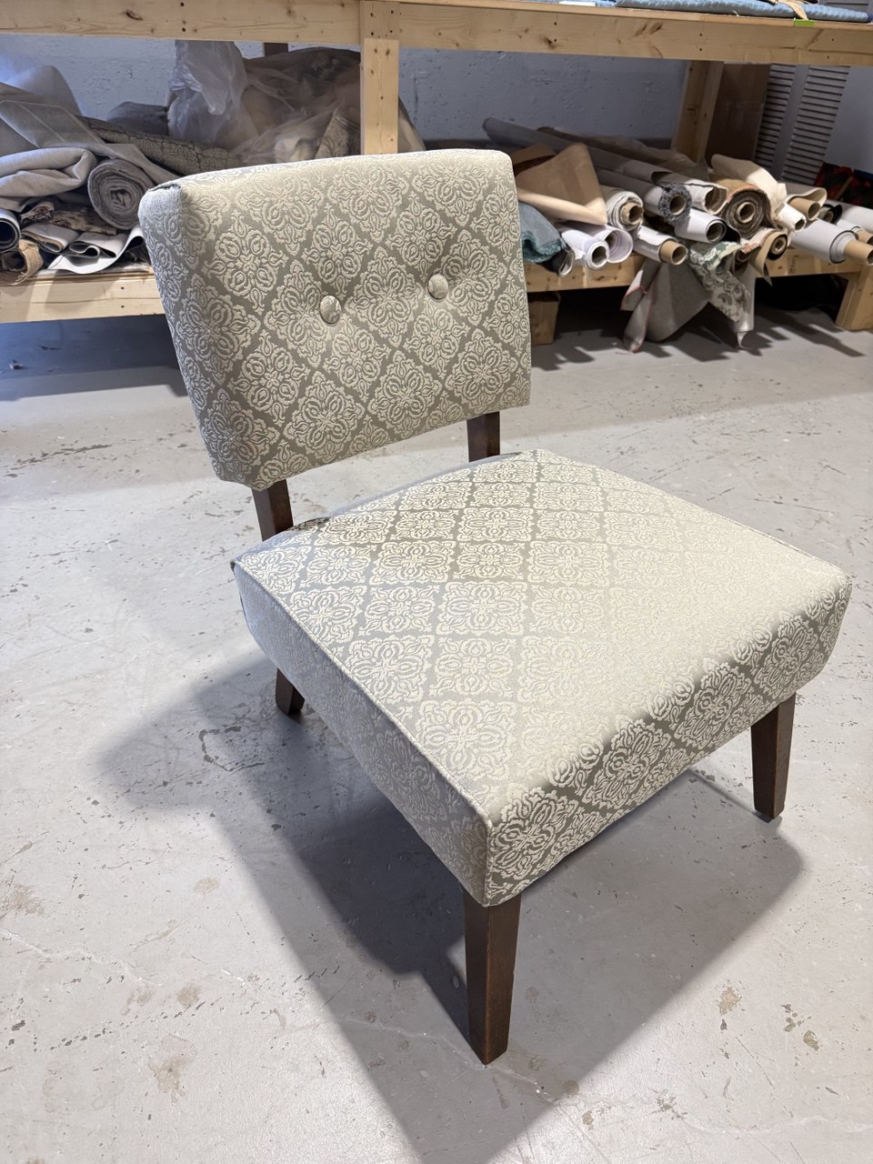 Side of of Reupholstered Mid-Century Slipper Chair in Sage Color Fabric