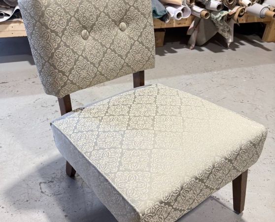 Side of of Reupholstered Mid-Century Slipper Chair in Sage Color Fabric