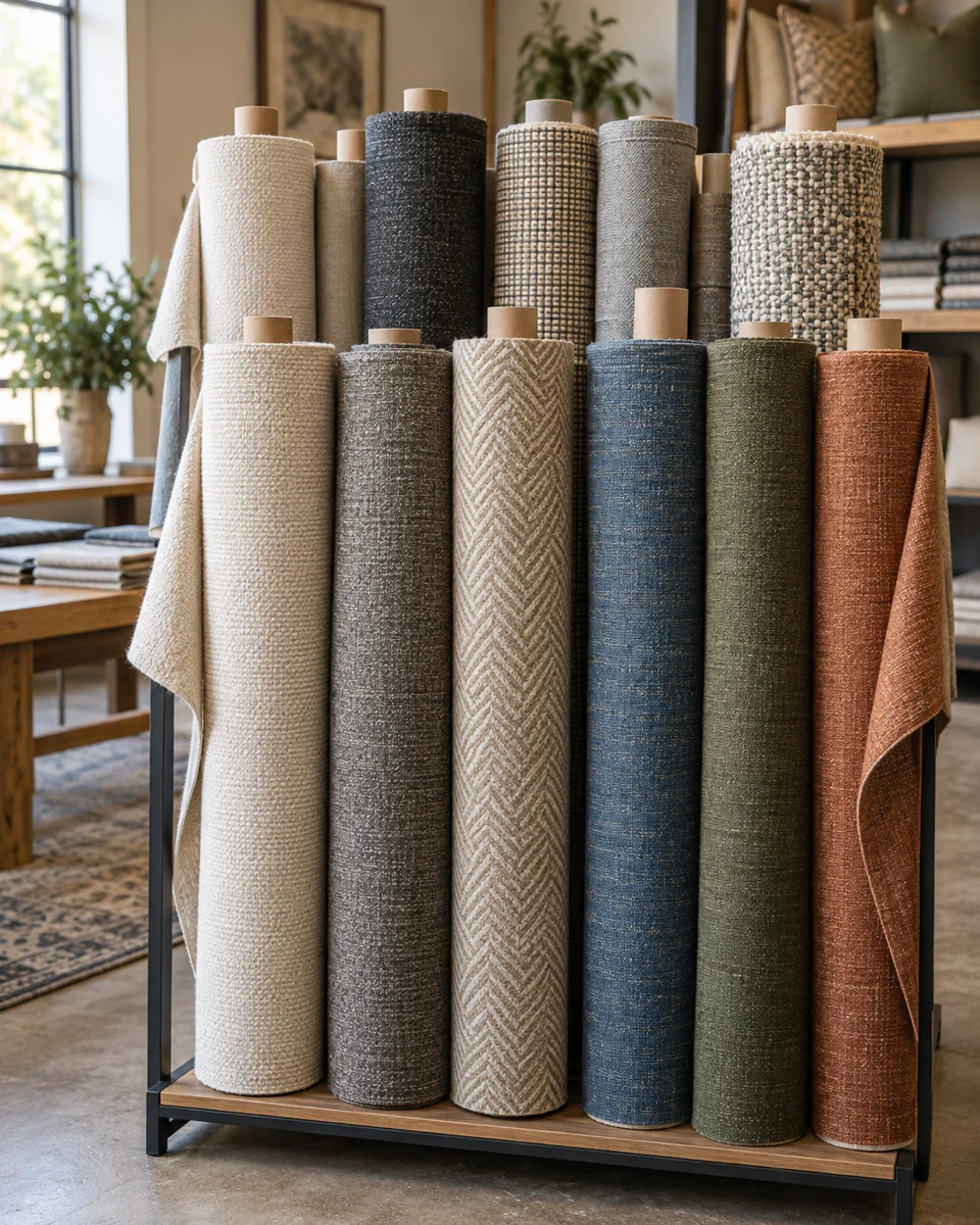 Illustration of upholstery fabric rolls in a range of colours and textures