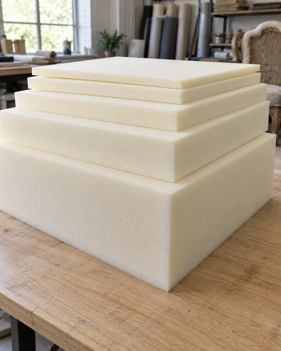 Illustration of cream upholstery foam sheets stacked in different thicknesses